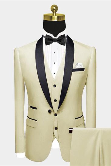 Modern Champagne One Button Groom Set | Black satin shawl men's wedding suit