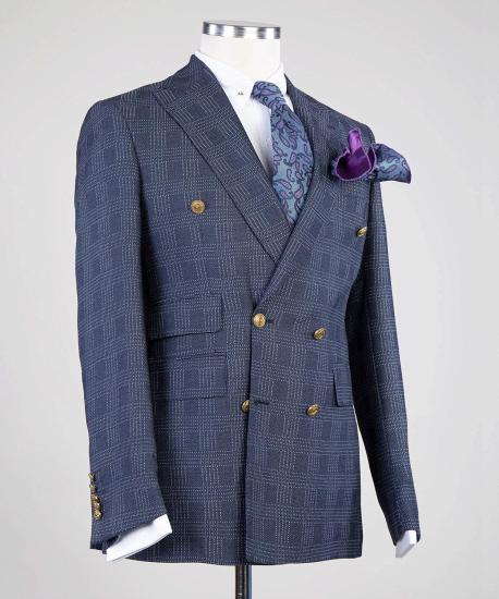Gentle Formal Navy Double Breasted Plaid Peaked Lapel Business Suits_2