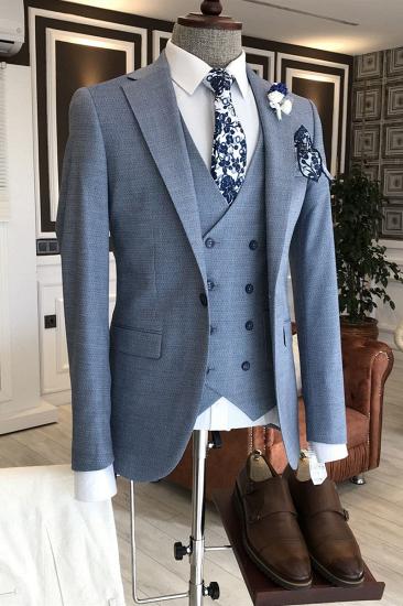 Jams Trendy Blue Plaid Notched Lapel Double Breasted Business Suits For Men_1