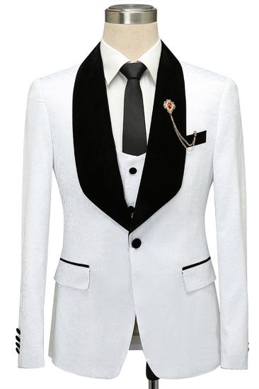 Classic white single button men's suit | Black lapel jacquard wedding suit