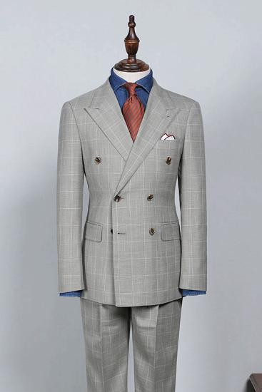 Ethan Trendy Gray Plaid Double Breasted Bespoke Men Suits For Business_1