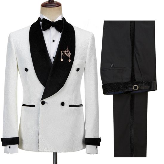 Stylish Sparkle Shawl Lapel Jacquard Double Breasted White Wedding Suits | Happnessmall_2