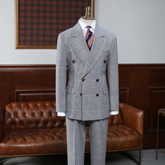 François Gentle Gray Plaid Peaked Lapel Double Breasted Bespoke Men Suit For Business_2