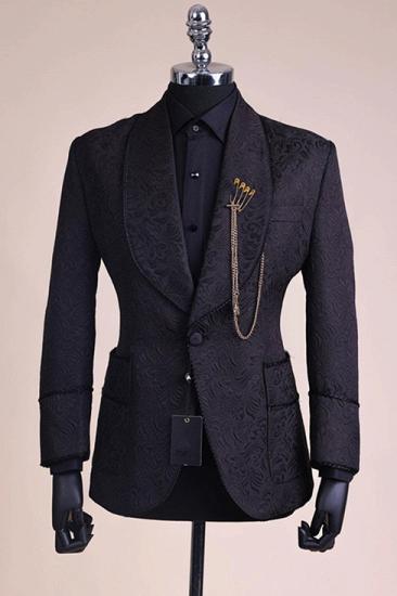 Chic Black Jacquard Shawl Lapel Best Fitted Wedding Groom Suits | Prom Suits with Belt_2