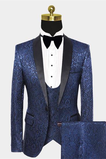 Gentle Dark Navy Damask One Button Groom Set | Black Satin Shawl Men's Wedding Suit