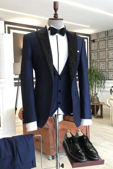 Titos Chic Navy Blue 3-pieces Black Peaked Jacquard Lapel Business Suits_1