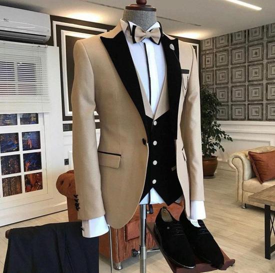 New khaki single button pointed neck slim fitting men's set_2