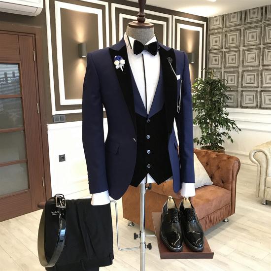 Samuel Dark Navy Fashion Peaked Lapel Men Suits with Velvet Lapel_2