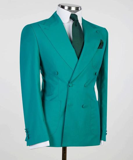Happnessmall Chic Green Close Fitting Two Pieces Double Breasted Peaked Lapel Prom Suits_3