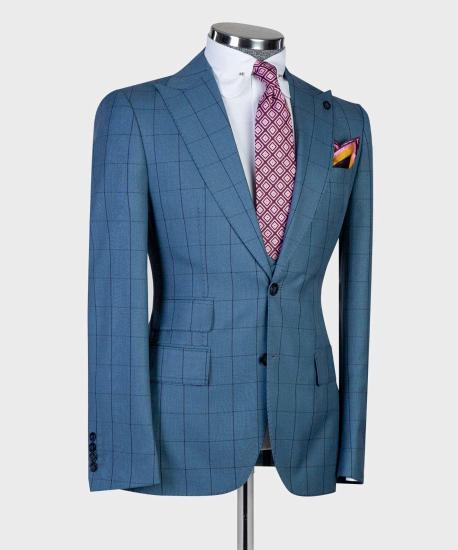 Stylish Blue Plaid Slim Fit Peaked Lapel Three Pieces Men Suits_3