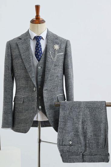 Avery Modern Gray Small Plaid Notched Lapel One Button Tailored Business Suit