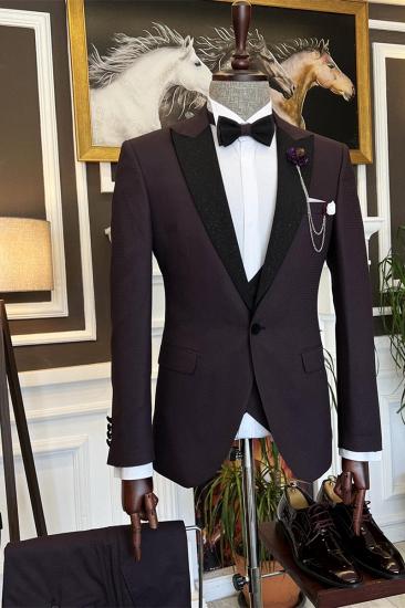 Fashionable Dark Purple Sparkle Peaked Lapel Three Pieces Men Suits | Happnessmall_1