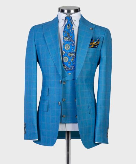 Unique Blue Plaid Three Pieces Peaked Lapel Men Suits For Business_4