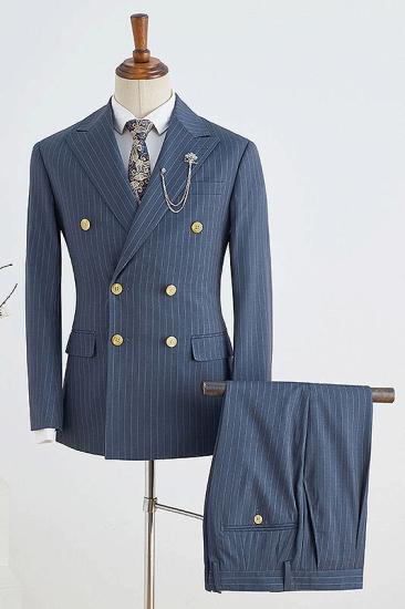 Quasar Modern Navy Blue Striped Double Breasted Slim Fit Tailored Business Suit