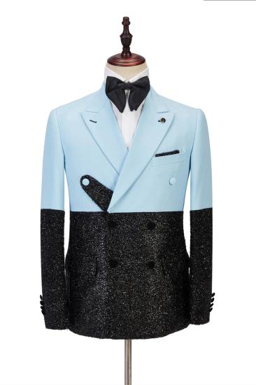 Elegant Shape  Sky Blue Stitching Sparkle Black Peak Lapel 2 Piece Men's Suit