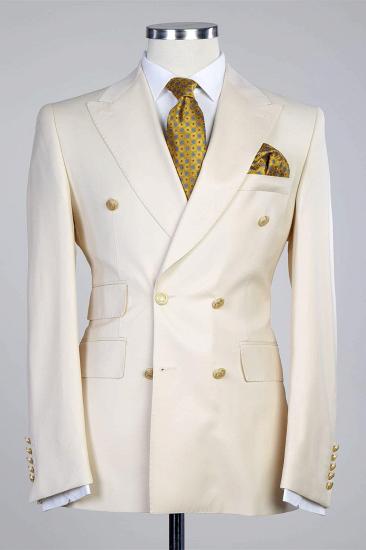 Unique Creamy White Double Breasted Stylish Peaked Lapel Slim Fit Men Suits_1