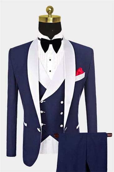 New Arrival Navy Blue Groomsmen White Shawl Lapel | One Button Wedding Tuxedos 3 Pieces