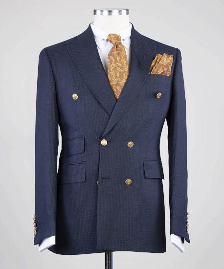 Stylish Navy Peaked Lapel Double Breasted Busibess Men Suits_3