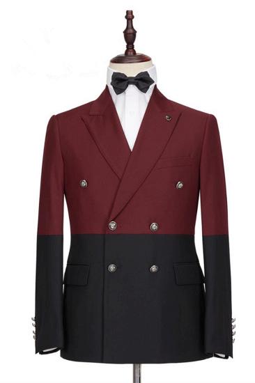 Unique Burgundy and Black Double Breasted Peaked Lapel Men Suits for Prom_1
