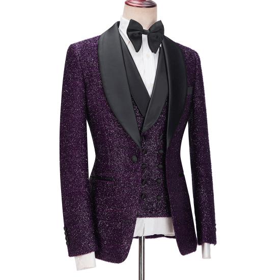 Fashionable Bespoke Dark Purple Sparkle Shawl Lapel 3-Pieces Men Suits | Happnessmall_3