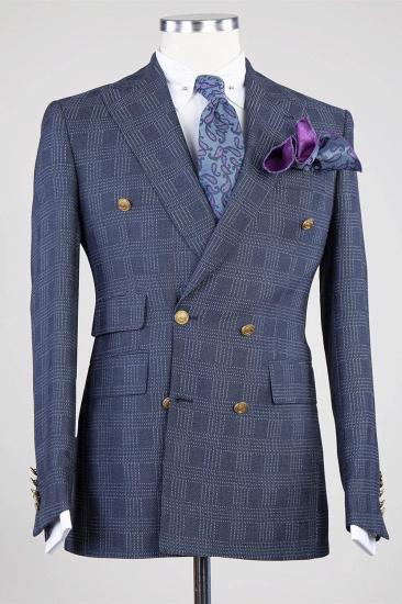 Gentle Formal Navy Double Breasted Plaid Peaked Lapel Business Suits