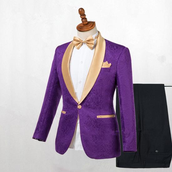 Special Design Purple One Button Gold Lapel Wedding Men Suit_2