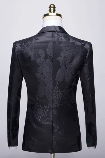 Elegant Shape Notched Lapel Two Buttons Men's Suits | Floral Jacquard Black Wedding Tuxedos_2