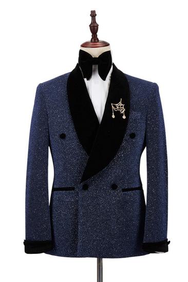 Sparkle Dark Navy Black Shawl Lapel Double Breasted Wedding Suits | Happnessmall