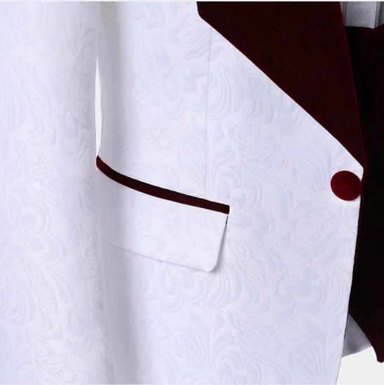 Popular White Jacquard Men Suits with Burgundy Lapel | Floral Tuxedo_5