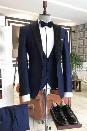 Advanced Navy Blue 3-Pieces Black Jacquard Peaked Lapel Business Suits For Men