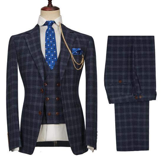 Happnessmall Fashion Dark Blue Plaid Notched Lapel Men Suits_2