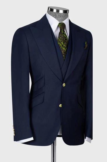 New Dark Blue 3 Piece Peaked Lapel Slim Fit Men Suits With Classic Vest_3
