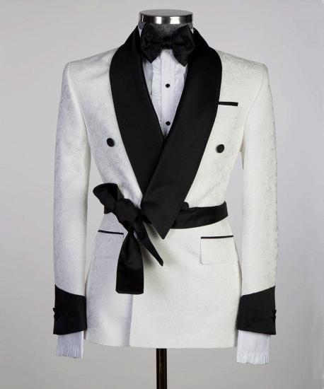 Glamorous White Double Breasted Shawl Lapel Jacquard Wedding Men Suits with Belt_3