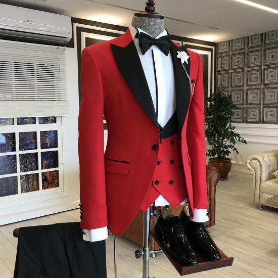 Chic Red 3-Pieces Black Peaked Lapel Prom Suits For Men_2