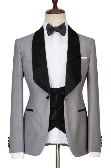Light Gray  Shiny Shawl Lapel One Button Three Pieces Wedding Men Suits | Happnessmall_1