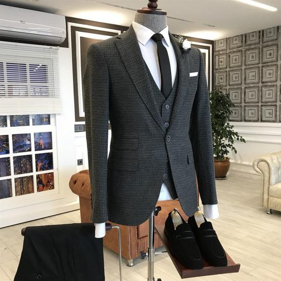 Xenia Black Small Plaid Notched Lapel Slim Fit Business Suits For Men_2