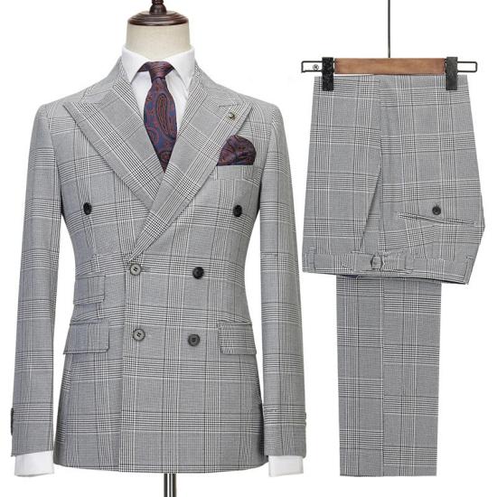 Fashion Best Fitted Black Double Breasted Plaid Men Suits_2