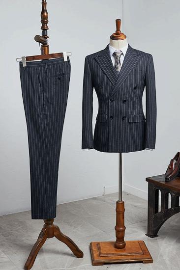 Connor Stylish Formal Black Striped Peaked Lapel Double Breasted Bespoke Business Suit
