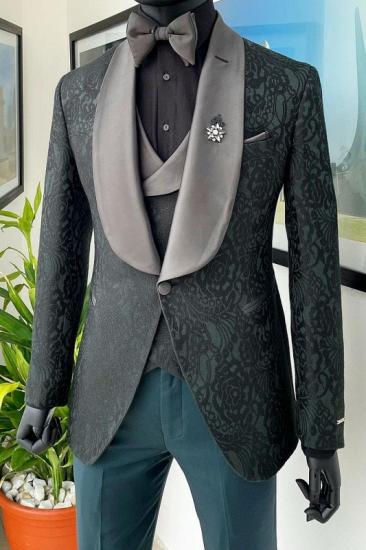 Stylish Sage Shawl Lapel Three Pieces Jacquard Wedding Suits