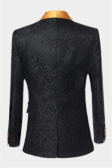 Black Two Pieces Prom Suits With golden Shawl Lapel | Jacquard Tuxedo with One Button_2