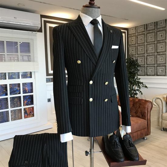 Kostas Popular Black Striped Double Breasted Peaked Lapel Business Suits For Men_2