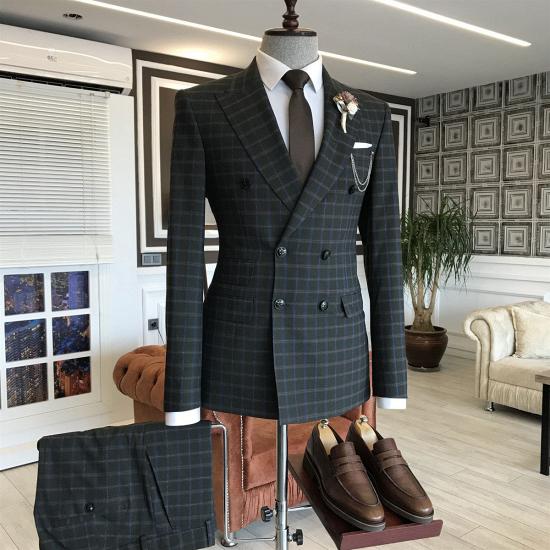 Dimitris Chic Black Plaid Double Breasted Slim Fit Business Suits For Men_2
