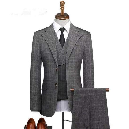 Classical Notched Lapel Plaid Three Pieces Formal Business Men Suits_2