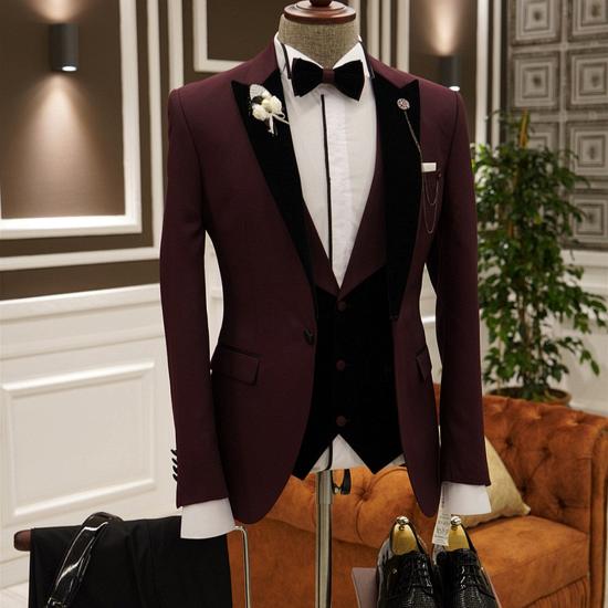 Nicolasia Newest Burgundy 3-pieces Peaked Lapel Slim Fit Prom Men Suits_2