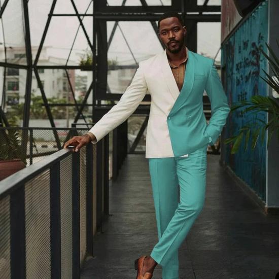 Elio Chic White And Bluish Green Slim fit One Button Lastest Prom Men Suits_2