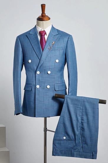 Christopher Chic Blue Plaid Peaked Lapel Double Breasted Custom Business Suit
