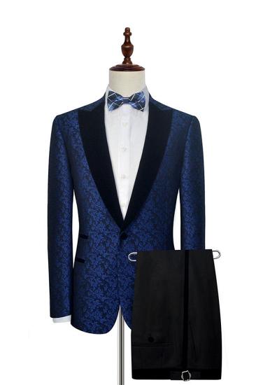 Happnessmall Blue Floral Patter  Black Velvet Peak Collar Suits for Wedding and Prom