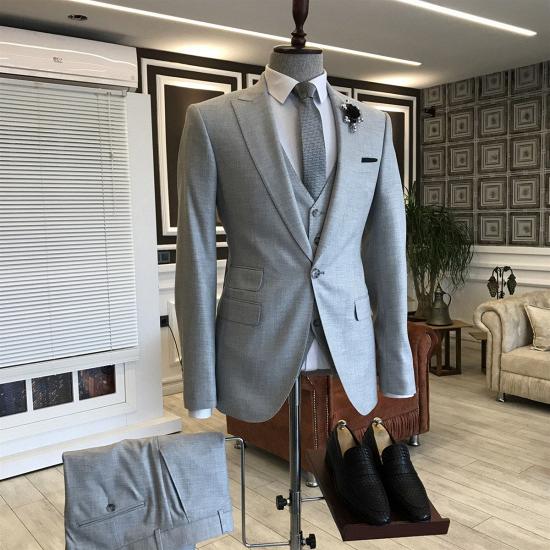 Patricia Simple Formal Light Gray 3-Pieces Peaked Lapel Suits For Men Business_2