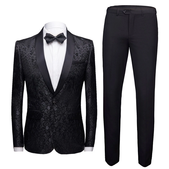Black shawl lapel men's jacquard set | Unique slim fit groom two-piece set_3