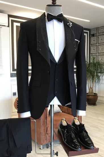 Pelagia Classic Black Shawl Lapel One Button 3-pieces Wedding Suits For Grooms_1